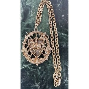 Vintage Heraldic Knight Shield Necklace Large Gold Crest Pendant Statement